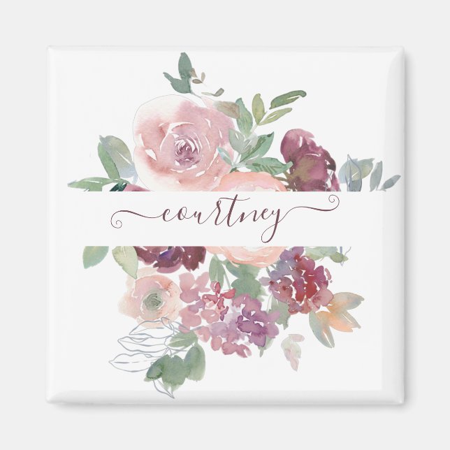 Burgundy and pink watercolor floral personalized   magnet (Front)