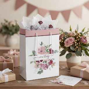 Burgundy and pink watercolor floral personalized medium gift bag
