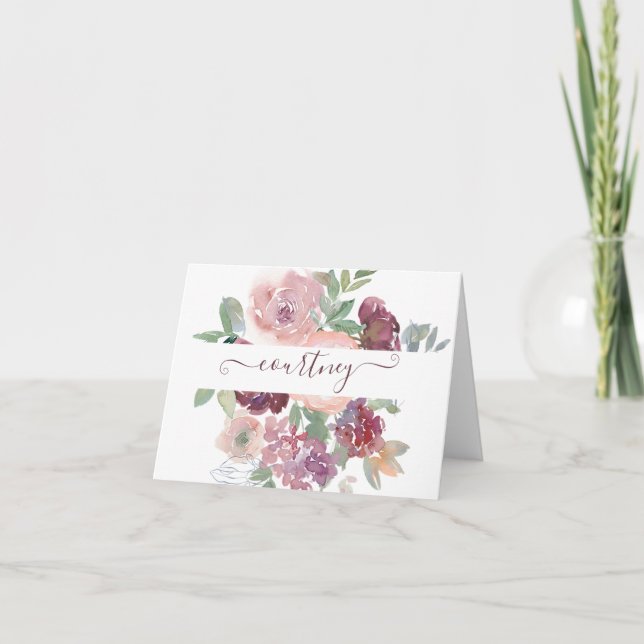 Burgundy and pink watercolor floral personalized   note card (Front)