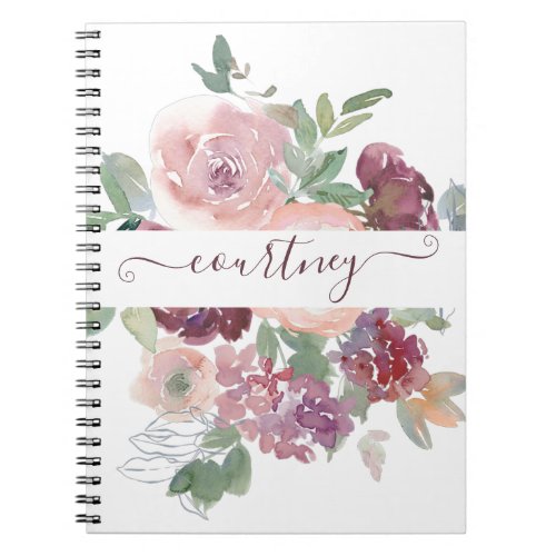 Burgundy and pink watercolor floral personalized   notebook