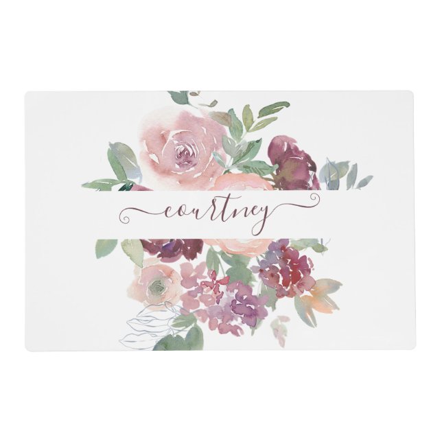 Burgundy and pink watercolor floral personalized   placemat (Front)