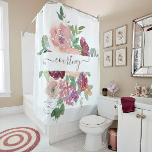 Burgundy and pink watercolor floral personalized shower curtain