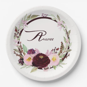 Burgundy and Pink Watercolor Flowers Paper Plates
