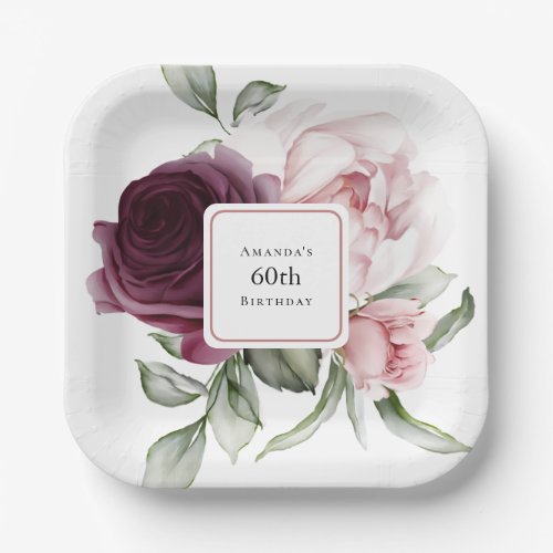 Burgundy and Pink Watercolor Roses 60th Birthday Paper Plates