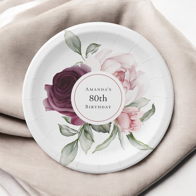 Burgundy and Pink Watercolor Roses 80th Birthday Paper Plates (Creator Uploaded)