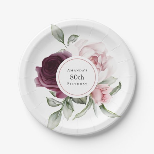 Burgundy and Pink Watercolor Roses 80th Birthday Paper Plates