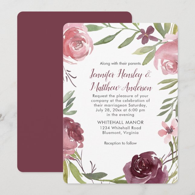 Burgundy and Pink Watercolor Roses Wedding | Invitation (Front/Back)