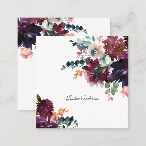 Burgundy and Plum Watercolor Floral Square Business Card