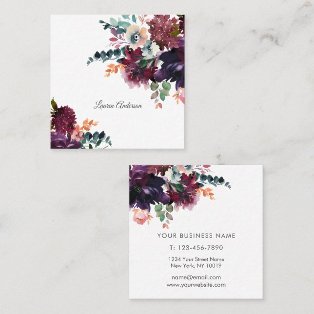 Burgundy and Plum Watercolor Floral Square Business Card (Front/Back)