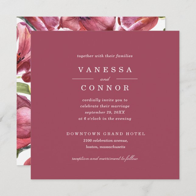Burgundy and Poppies Classic Boho Floral Wedding Invitation (Front/Back)