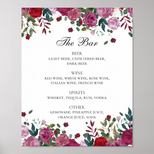 Burgundy and purple floral wedding drinks bar menu poster