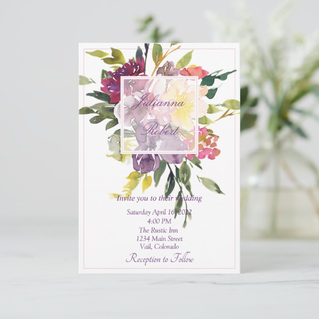 Burgundy and purple watercolor floral wedding invi invitation (Standing Front)