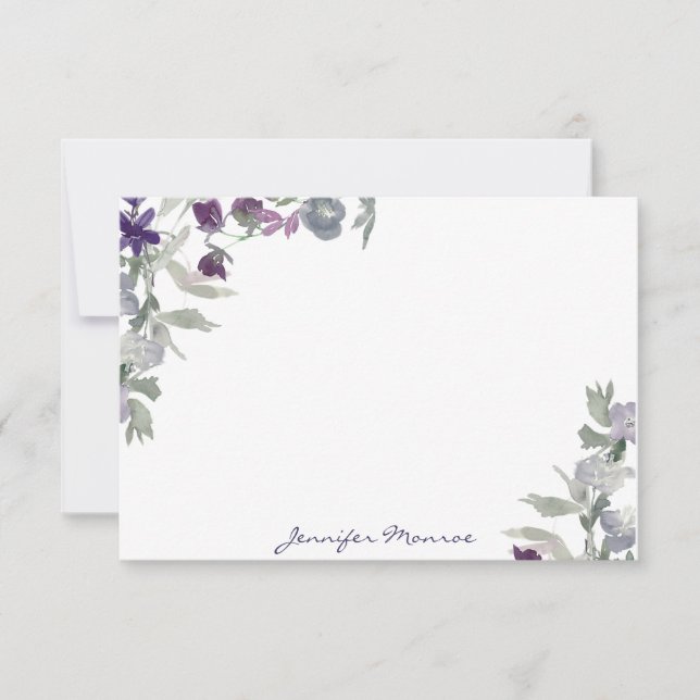 Burgundy and purple watercolor flowers personalize note card (Front)