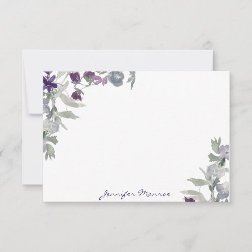 Burgundy and purple watercolor flowers personalize note card