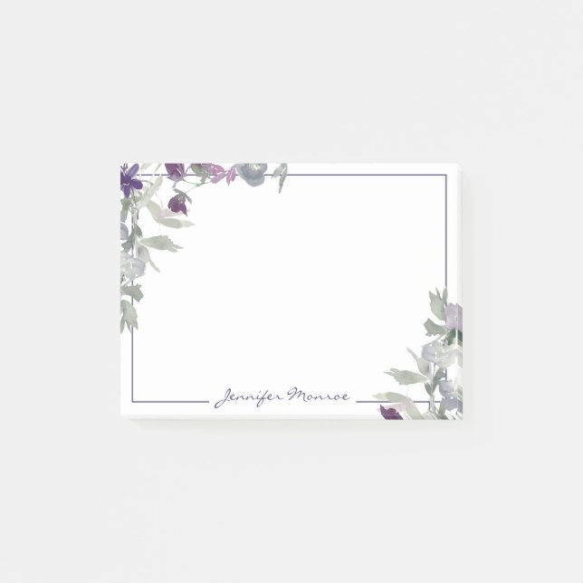 Burgundy and purple watercolor flowers personalize post-it notes (Front)