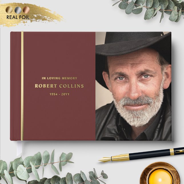 Burgundy and Real Foil In Loving Memory Funeral Foil Guest Book (Creator Uploaded)