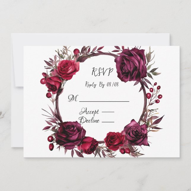 Burgundy and Red Rose Wreath RSVP Cards (Front)