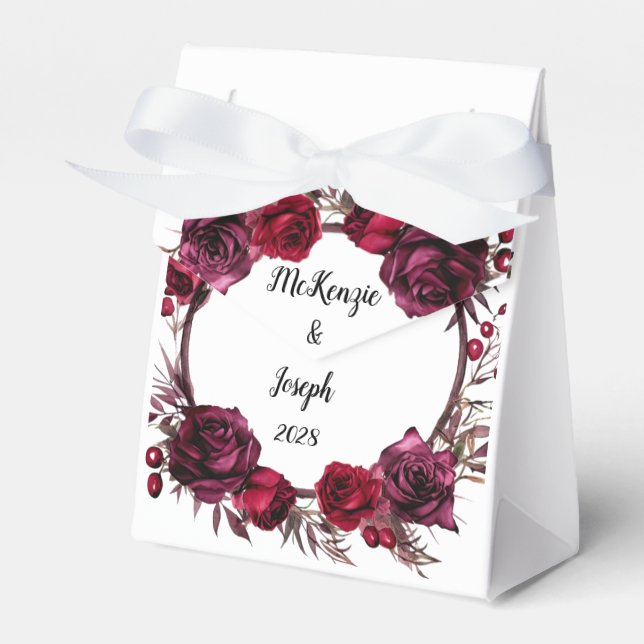 Burgundy and Red Roses Branch Wreath Wedding Favor Boxes (Front Side)