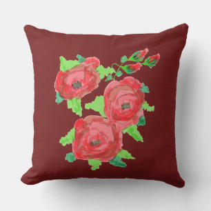 Burgundy And Red Roses Designer Outdoor Pillow