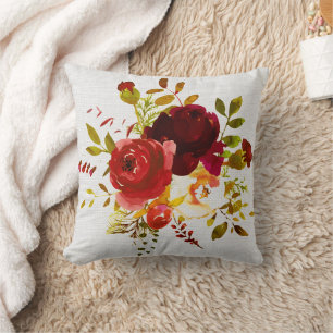 Burgundy and red roses linen look throw pillow