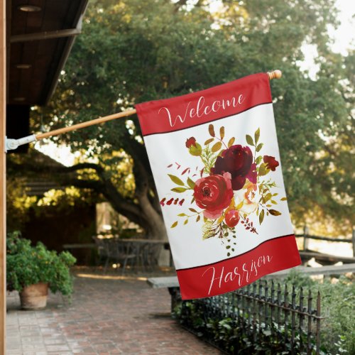 Burgundy and red watercolor roses personalized  house flag