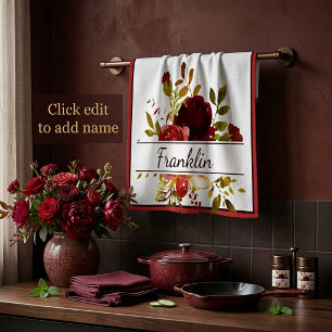 Burgundy and red watercolor roses personalized kitchen towel
