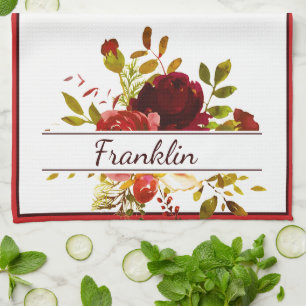 Burgundy and red watercolor roses personalized kitchen towel