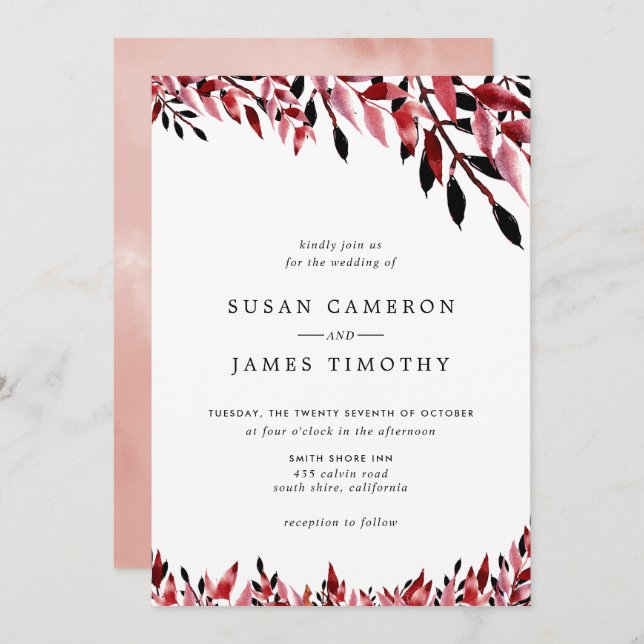 Burgundy and Rose Blush fall wedding Invitation (Front/Back)