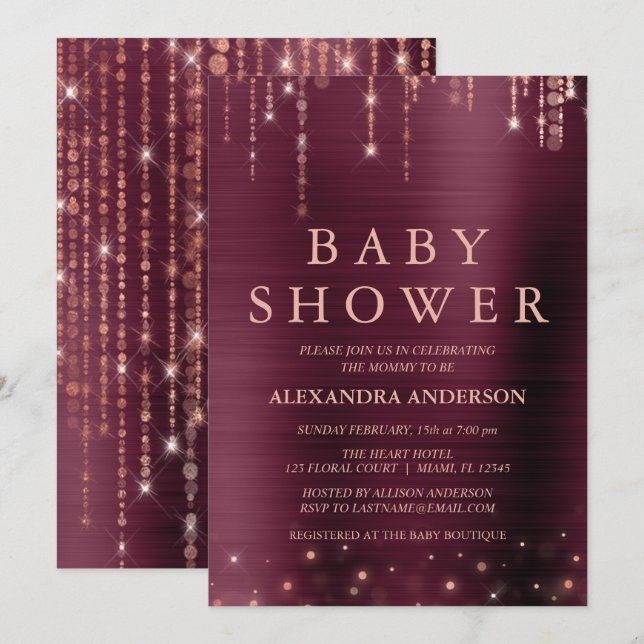 Burgundy and Rose Gold Baby Shower Party Invitation (Front/Back)