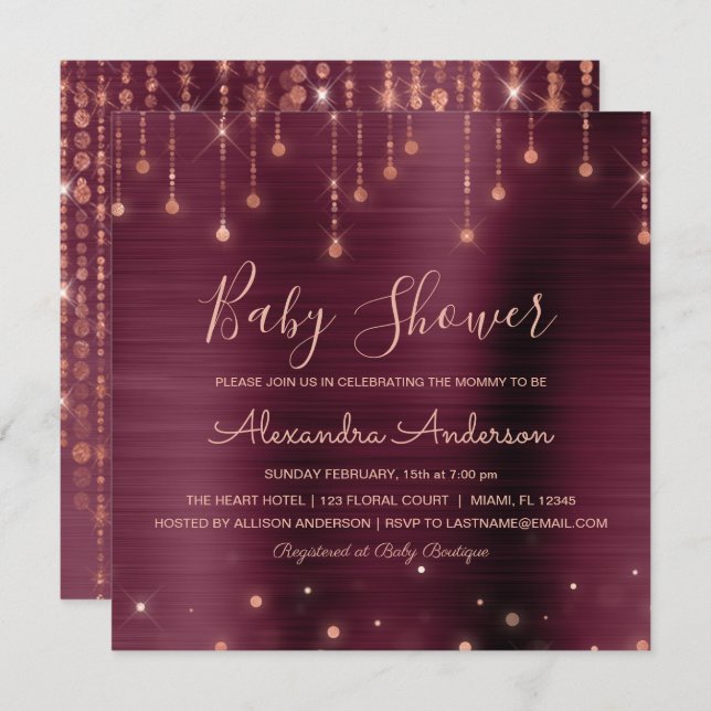 Burgundy and Rose Gold Baby Shower Party Invitation (Front/Back)