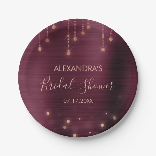 Burgundy and Rose Gold Bridal Shower Paper Plates (Front)