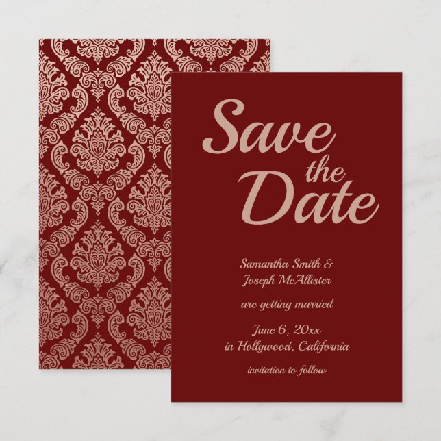 Burgundy and Rose Gold Damask Save the Date Invitation (Front/Back)