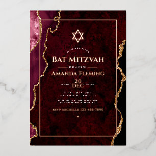 Burgundy and Rose Gold Faux Agate Bat Mitzvah Foil Invitation