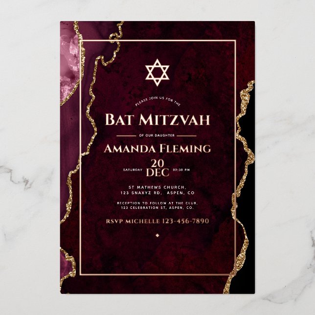 Burgundy and Rose Gold Faux Agate Bat Mitzvah Foil Invitation (Front)