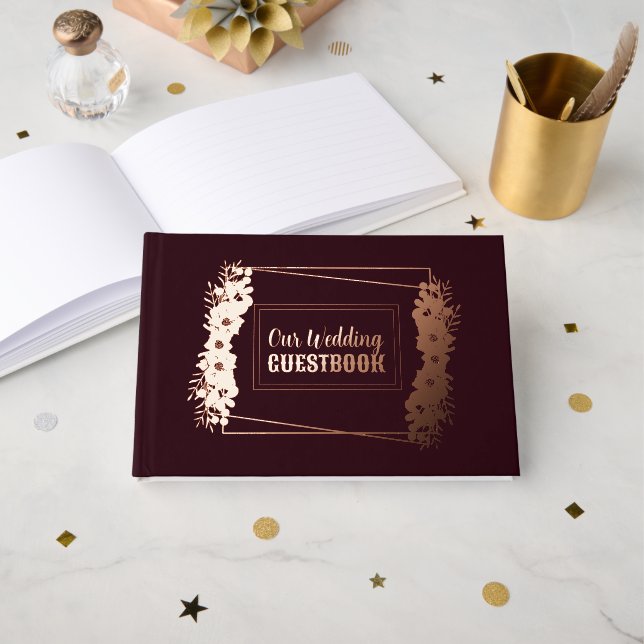 Burgundy and Rose Gold Foil Wedding Foil Guest Book (Front Open)