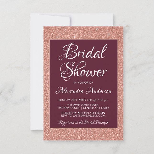 Burgundy and Rose Gold Glitter Bridal Shower Invitation (Front)