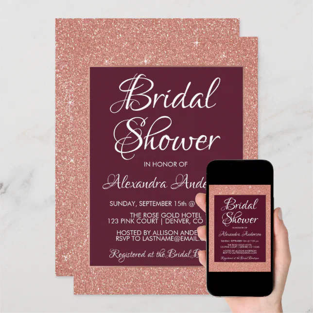 Burgundy And Rose Gold Glitter Bridal Shower Invitation Zazzle