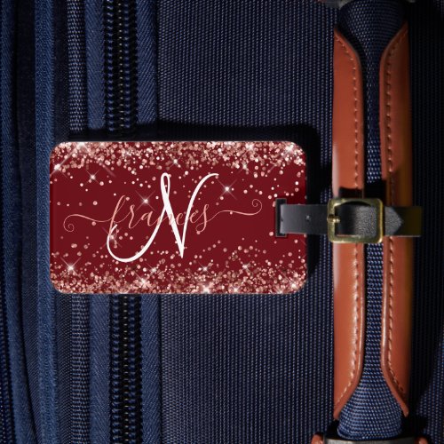 Burgundy and Rose Gold Glitter Monogram Luggage Tag