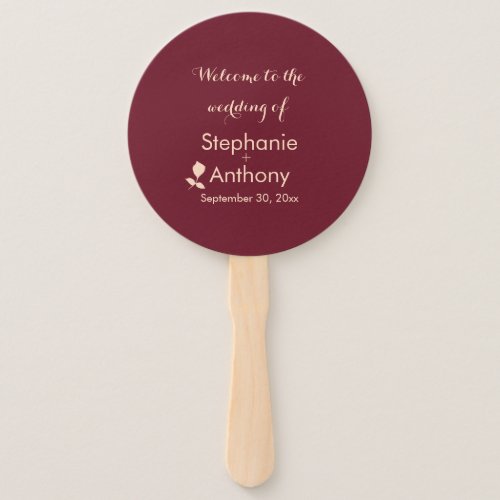 Burgundy and Rose Gold Leaves Wedding Welcoime Hand Fan