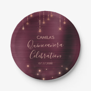 Burgundy and Rose Gold Quinceanera Party Paper Plates