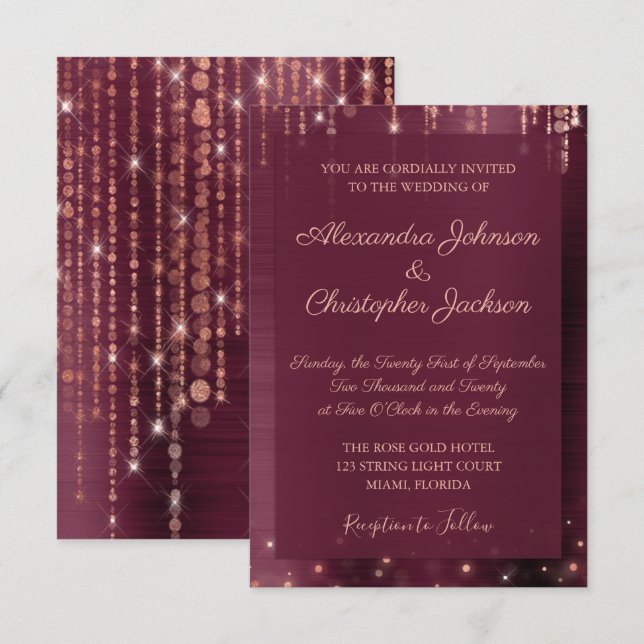 Burgundy and Rose Gold Sparkle Wedding Invitation (Front/Back)