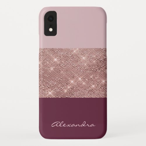 Burgundy and Rose Gold Sparkly Monogrammed iPhone XR Case
