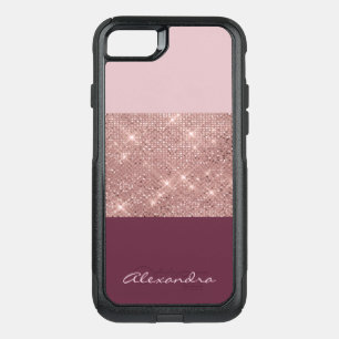 Burgundy and Rose Gold Sparkly Monogrammed OtterBox Commuter iPhone SE/8/7 Case