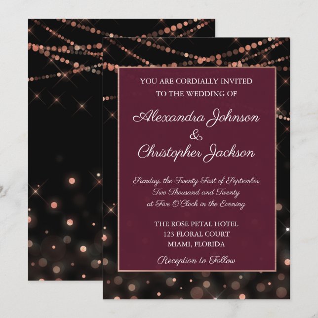 Burgundy and Rose Gold String Lights Wedding Invitation (Front/Back)