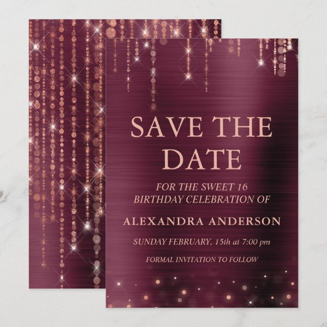 Burgundy and Rose Gold Sweet 16 Save the Date Invitation (Front/Back)