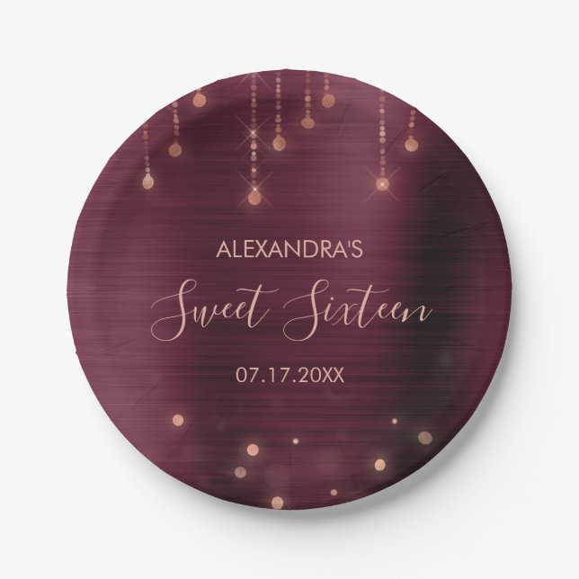 Burgundy and Rose Gold Sweet Sixteen Birthday Paper Plates (Front)