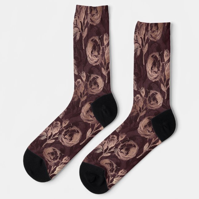 Burgundy and Rose Gold Vintage Floral Socks (Left)
