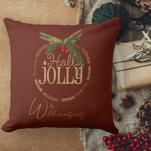 Burgundy And Shimmering Holly Jolly Christmas Throw Pillow