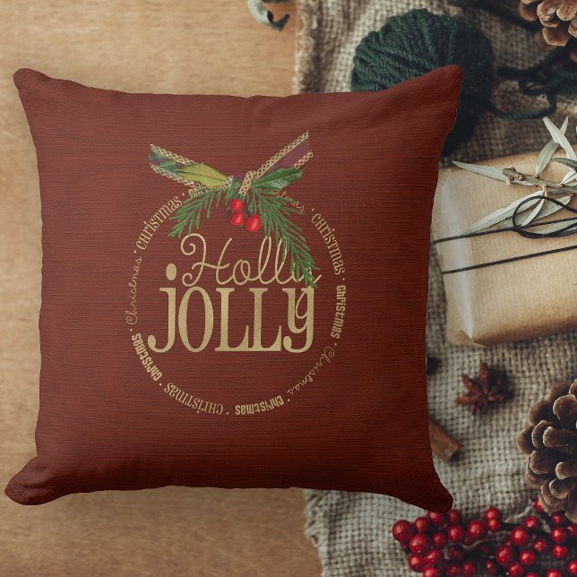 Burgundy And Shimmering Holly Jolly Christmas  Throw Pillow (red and gold holly jolly christmas pillow with holly and gold text)