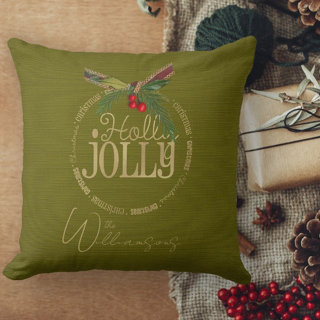 Burgundy And Shimmering Holly Jolly Christmas  Throw Pillow (Christmas pillows personalized Christmas throw pillow for couch)